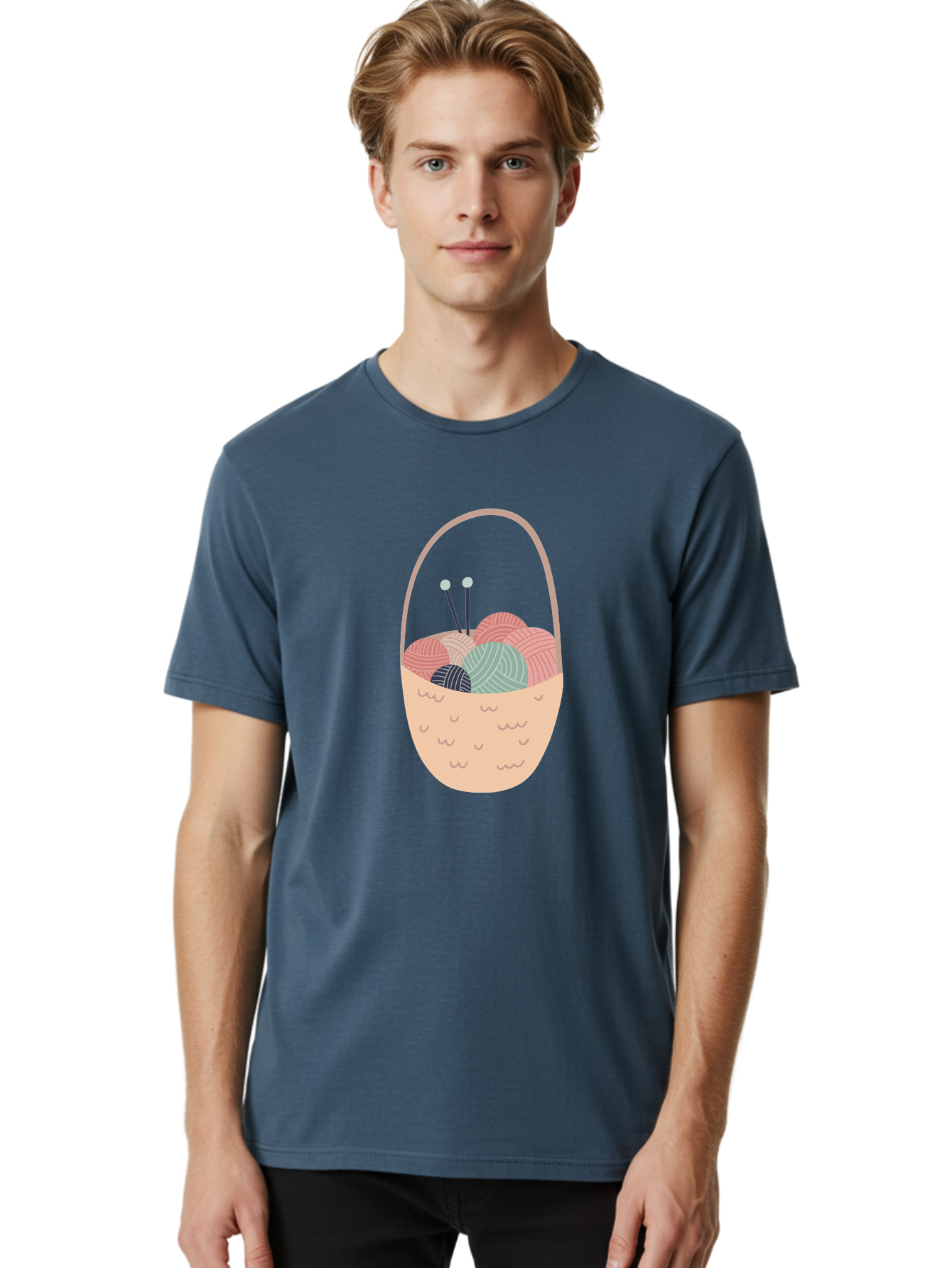 Yarn-Basket Men'S Graphic Tee, 100% Cotton, Comfortable Casual Summer Wear, Machine Washable, Yarn Balls, Knitting Needles, Knitting Basket, Pastel Colors, Hobby Supplies, Crafting Tools, Diy Accessories, Handmade Materials Aac146