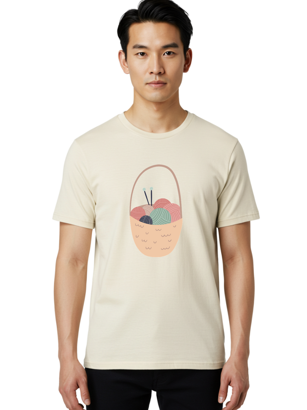 Yarn-Basket Men'S Graphic Tee, 100% Cotton, Comfortable Casual Summer Wear, Machine Washable, Yarn Balls, Knitting Needles, Knitting Basket, Pastel Colors, Hobby Supplies, Crafting Tools, Diy Accessories, Handmade Materials Aac146