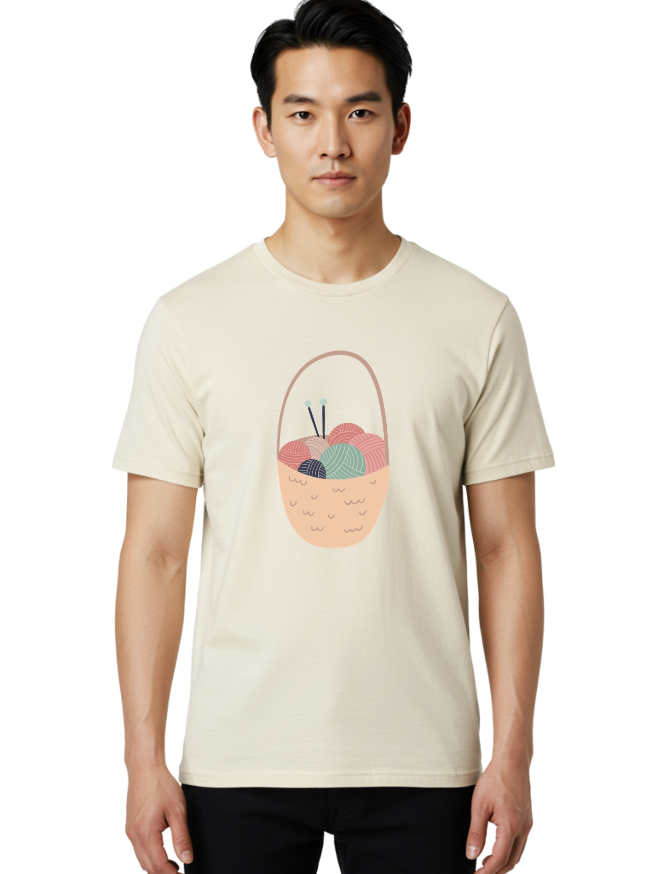 Yarn-Basket Men'S Graphic Tee, 100% Cotton, Comfortable Casual Summer Wear, Machine Washable, Yarn Balls, Knitting Needles, Knitting Basket, Pastel Colors, Hobby Supplies, Crafting Tools, Diy Accessories, Handmade Materials Aac146