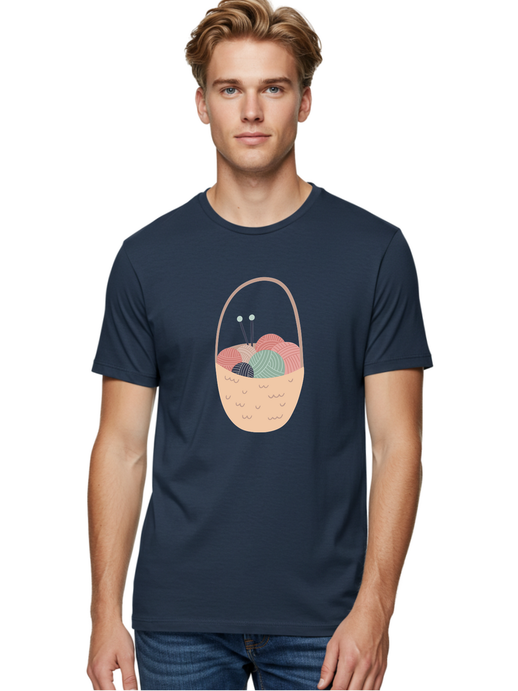 Yarn-Basket Men'S Graphic Tee, 100% Cotton, Comfortable Casual Summer Wear, Machine Washable, Yarn Balls, Knitting Needles, Knitting Basket, Pastel Colors, Hobby Supplies, Crafting Tools, Diy Accessories, Handmade Materials Aac146