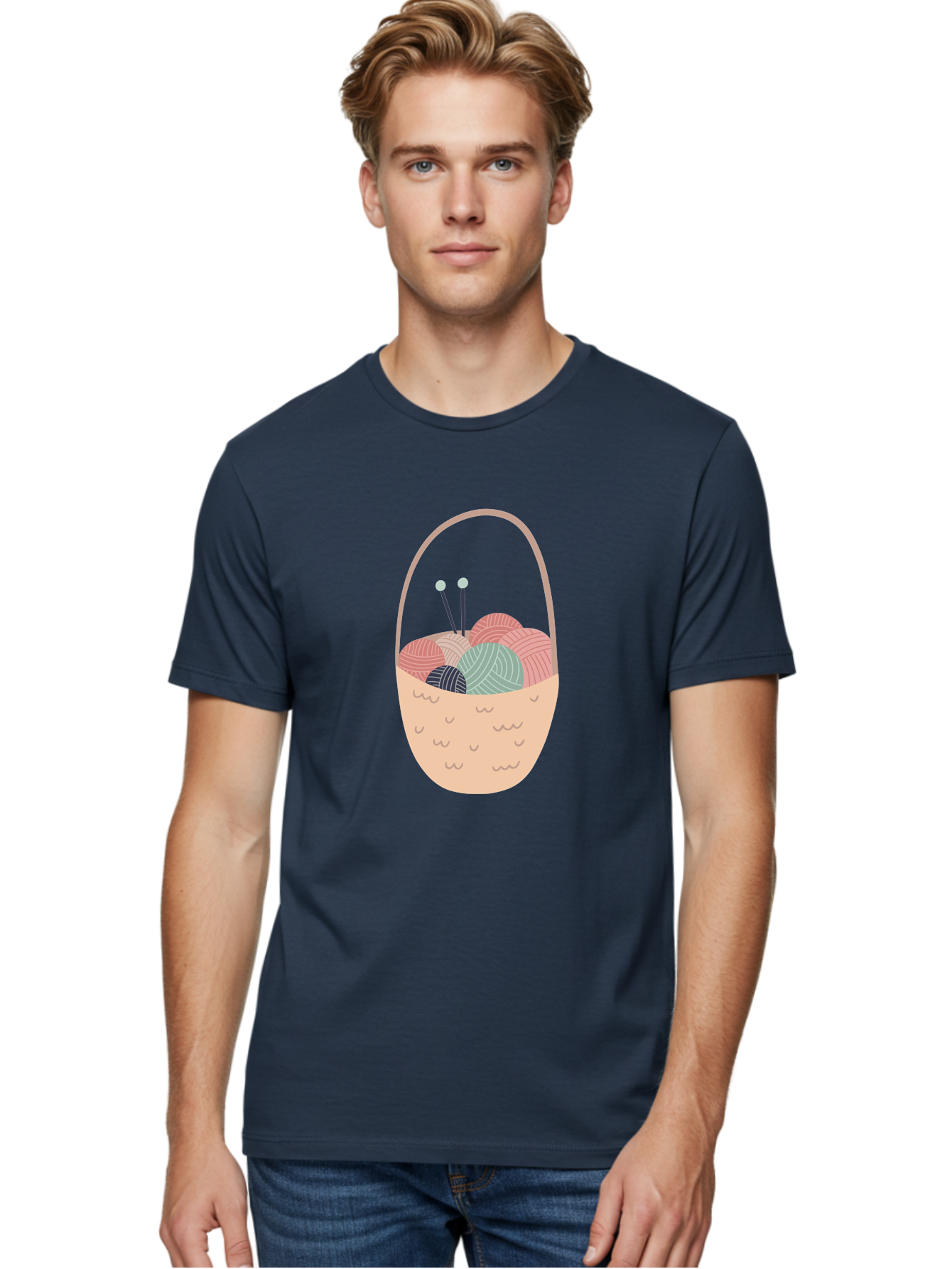 Yarn-Basket Men'S Graphic Tee, 100% Cotton, Comfortable Casual Summer Wear, Machine Washable, Yarn Balls, Knitting Needles, Knitting Basket, Pastel Colors, Hobby Supplies, Crafting Tools, Diy Accessories, Handmade Materials Aac146