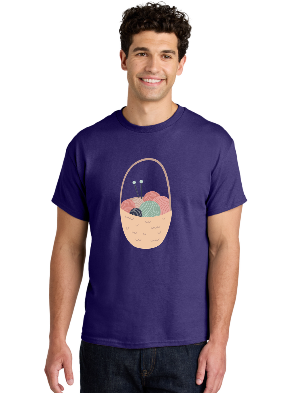 Yarn-Basket Men'S Graphic Tee, 100% Cotton, Comfortable Casual Summer Wear, Machine Washable, Yarn Balls, Knitting Needles, Knitting Basket, Pastel Colors, Hobby Supplies, Crafting Tools, Diy Accessories, Handmade Materials Aac146