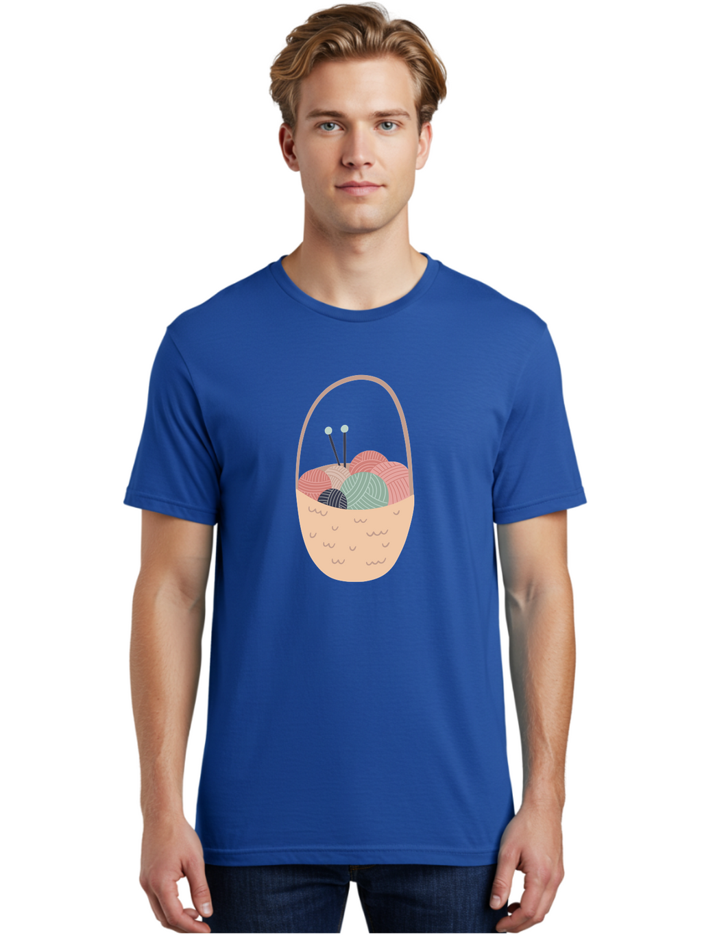 Yarn-Basket Men'S Graphic Tee, 100% Cotton, Comfortable Casual Summer Wear, Machine Washable, Yarn Balls, Knitting Needles, Knitting Basket, Pastel Colors, Hobby Supplies, Crafting Tools, Diy Accessories, Handmade Materials Aac146