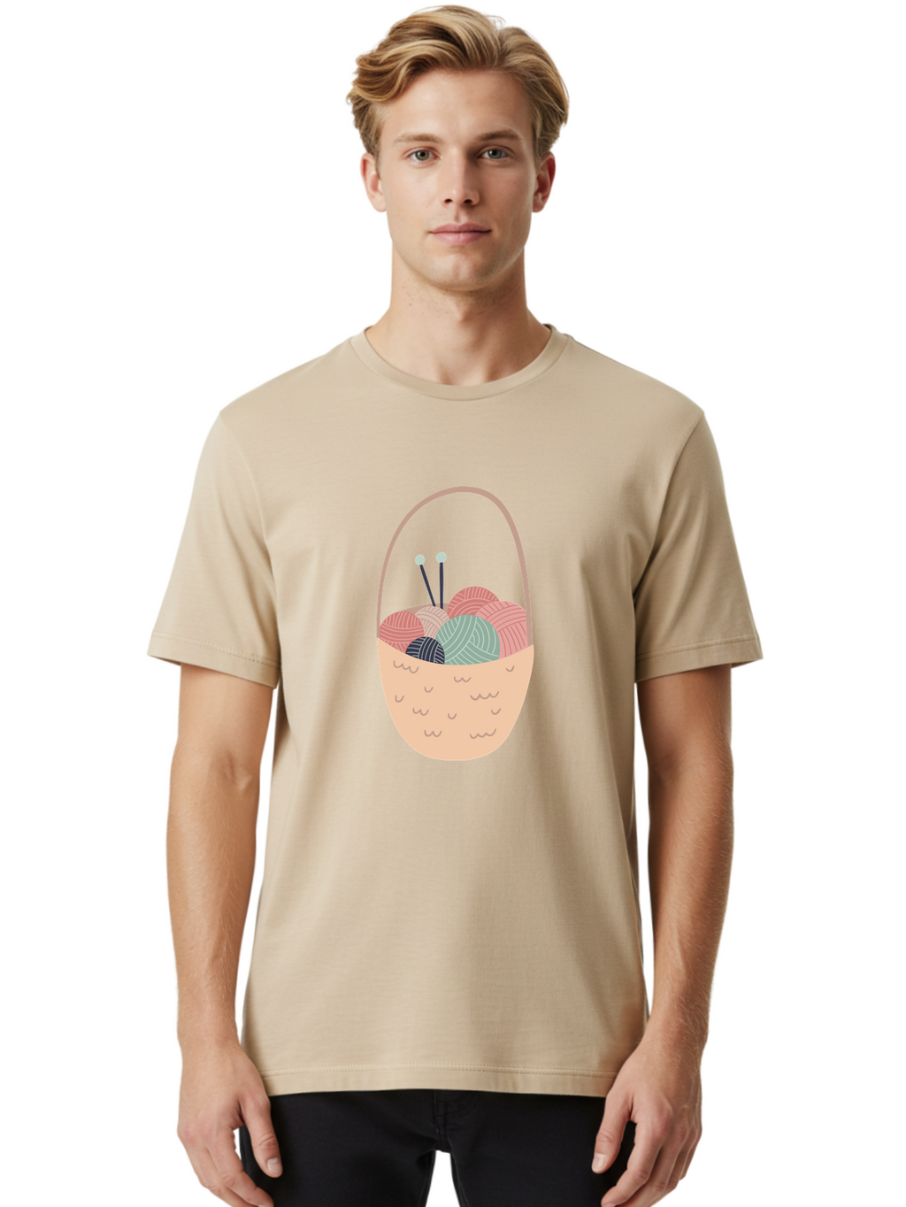 Yarn-Basket Men'S Graphic Tee, 100% Cotton, Comfortable Casual Summer Wear, Machine Washable, Yarn Balls, Knitting Needles, Knitting Basket, Pastel Colors, Hobby Supplies, Crafting Tools, Diy Accessories, Handmade Materials Aac146