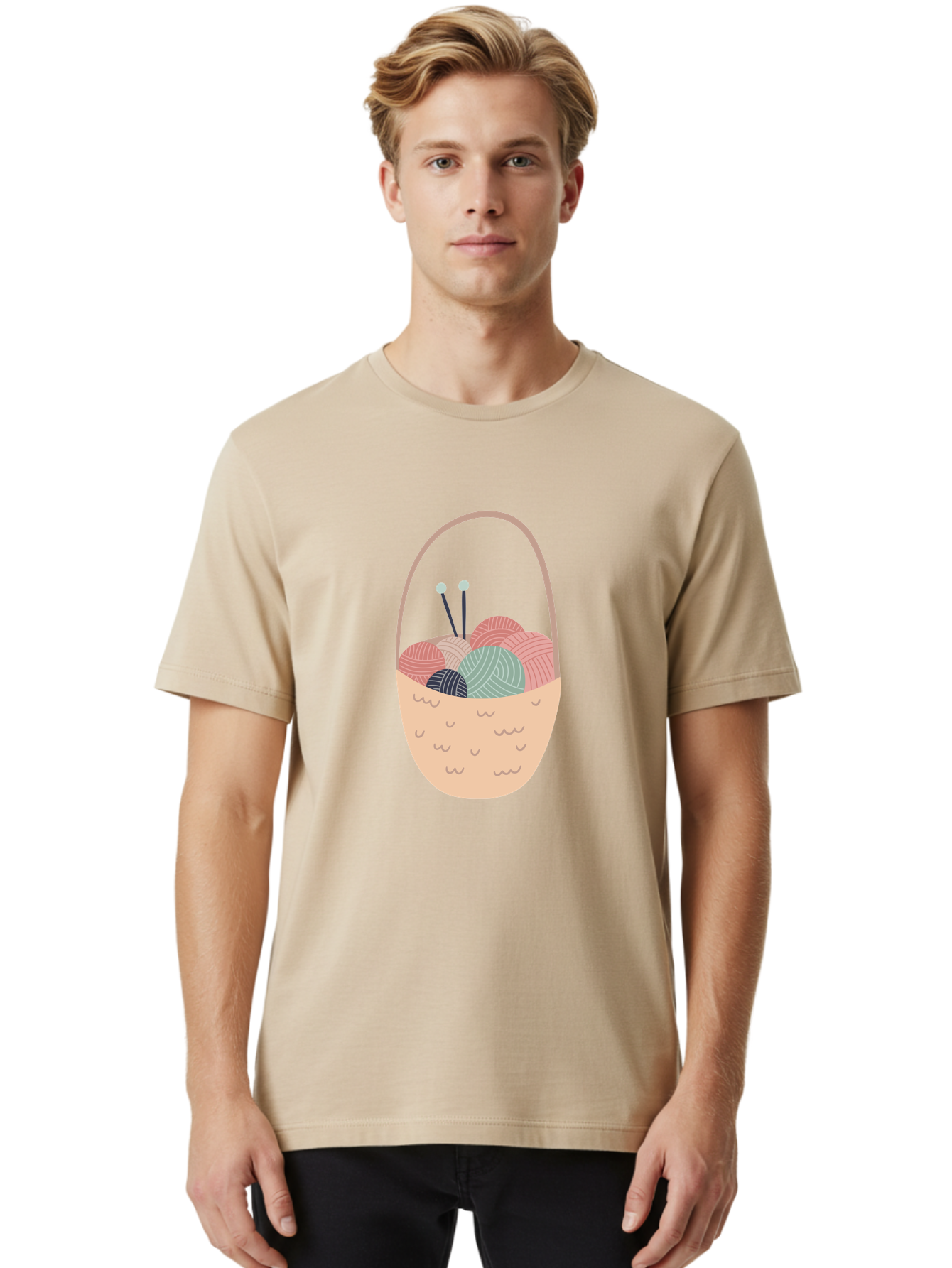 Yarn-Basket Men'S Graphic Tee, 100% Cotton, Comfortable Casual Summer Wear, Machine Washable, Yarn Balls, Knitting Needles, Knitting Basket, Pastel Colors, Hobby Supplies, Crafting Tools, Diy Accessories, Handmade Materials Aac146