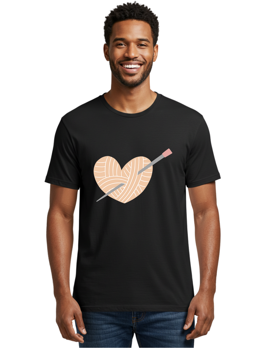Yarn-Heart-Knitting-Needles Men'S Graphic Tee, 100% Cotton, Comfortable Casual Summer Wear, Machine Washable, Heart Shaped Yarn, Knitting Needles, Crochet, Handmade, Pink Yarn, Crafting, Hobby, Fiber Art, Knitting, Diy Aac147