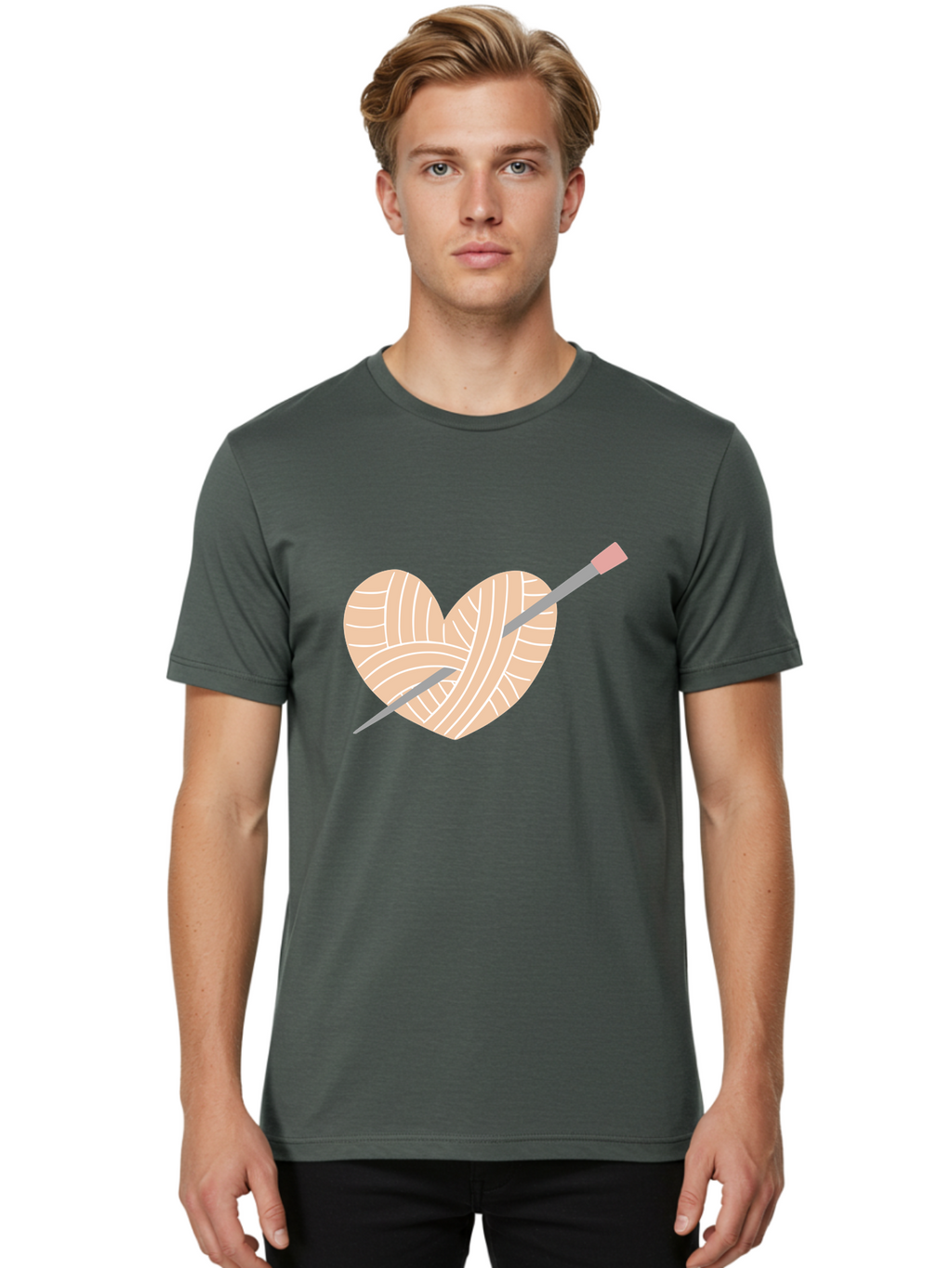 Yarn-Heart-Knitting-Needles Men'S Graphic Tee, 100% Cotton, Comfortable Casual Summer Wear, Machine Washable, Heart Shaped Yarn, Knitting Needles, Crochet, Handmade, Pink Yarn, Crafting, Hobby, Fiber Art, Knitting, Diy Aac147