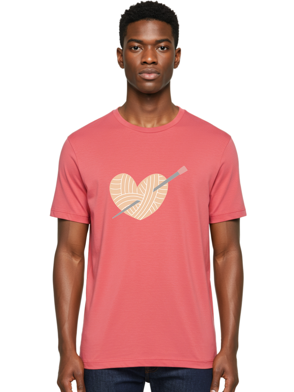 Yarn-Heart-Knitting-Needles Men'S Graphic Tee, 100% Cotton, Comfortable Casual Summer Wear, Machine Washable, Heart Shaped Yarn, Knitting Needles, Crochet, Handmade, Pink Yarn, Crafting, Hobby, Fiber Art, Knitting, Diy Aac147