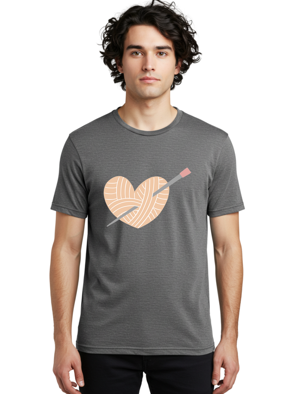 Yarn-Heart-Knitting-Needles Men'S Graphic Tee, 100% Cotton, Comfortable Casual Summer Wear, Machine Washable, Heart Shaped Yarn, Knitting Needles, Crochet, Handmade, Pink Yarn, Crafting, Hobby, Fiber Art, Knitting, Diy Aac147