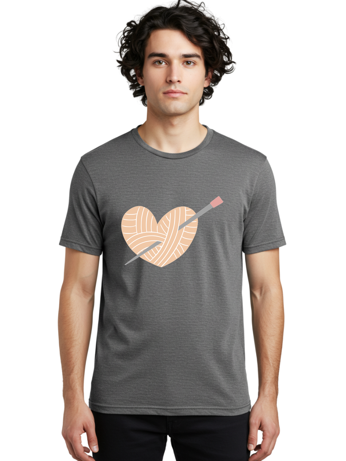Yarn-Heart-Knitting-Needles Men'S Graphic Tee, 100% Cotton, Comfortable Casual Summer Wear, Machine Washable, Heart Shaped Yarn, Knitting Needles, Crochet, Handmade, Pink Yarn, Crafting, Hobby, Fiber Art, Knitting, Diy Aac147