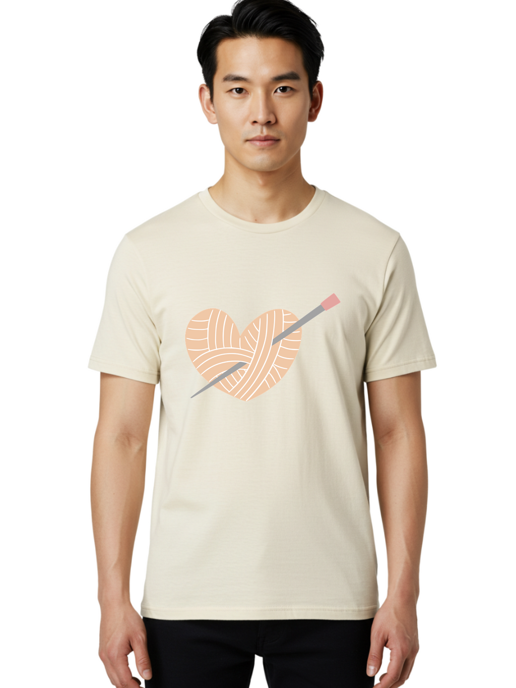 Yarn-Heart-Knitting-Needles Men'S Graphic Tee, 100% Cotton, Comfortable Casual Summer Wear, Machine Washable, Heart Shaped Yarn, Knitting Needles, Crochet, Handmade, Pink Yarn, Crafting, Hobby, Fiber Art, Knitting, Diy Aac147