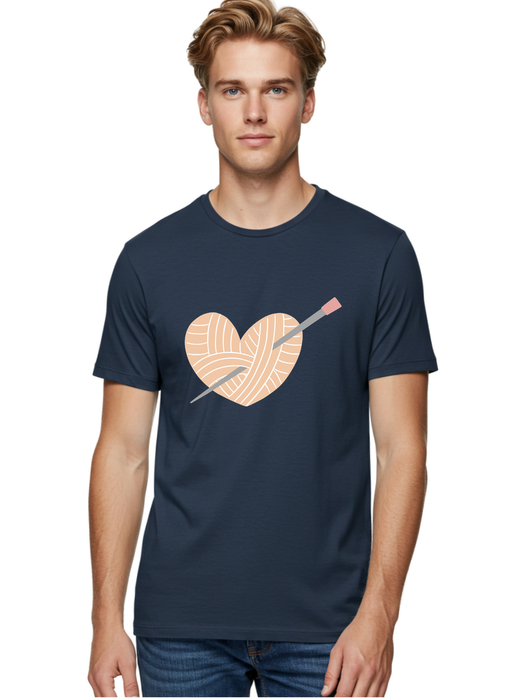 Yarn-Heart-Knitting-Needles Men'S Graphic Tee, 100% Cotton, Comfortable Casual Summer Wear, Machine Washable, Heart Shaped Yarn, Knitting Needles, Crochet, Handmade, Pink Yarn, Crafting, Hobby, Fiber Art, Knitting, Diy Aac147