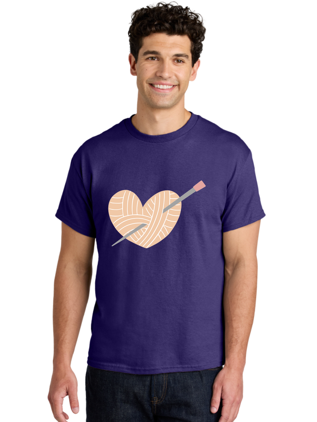 Yarn-Heart-Knitting-Needles Men'S Graphic Tee, 100% Cotton, Comfortable Casual Summer Wear, Machine Washable, Heart Shaped Yarn, Knitting Needles, Crochet, Handmade, Pink Yarn, Crafting, Hobby, Fiber Art, Knitting, Diy Aac147