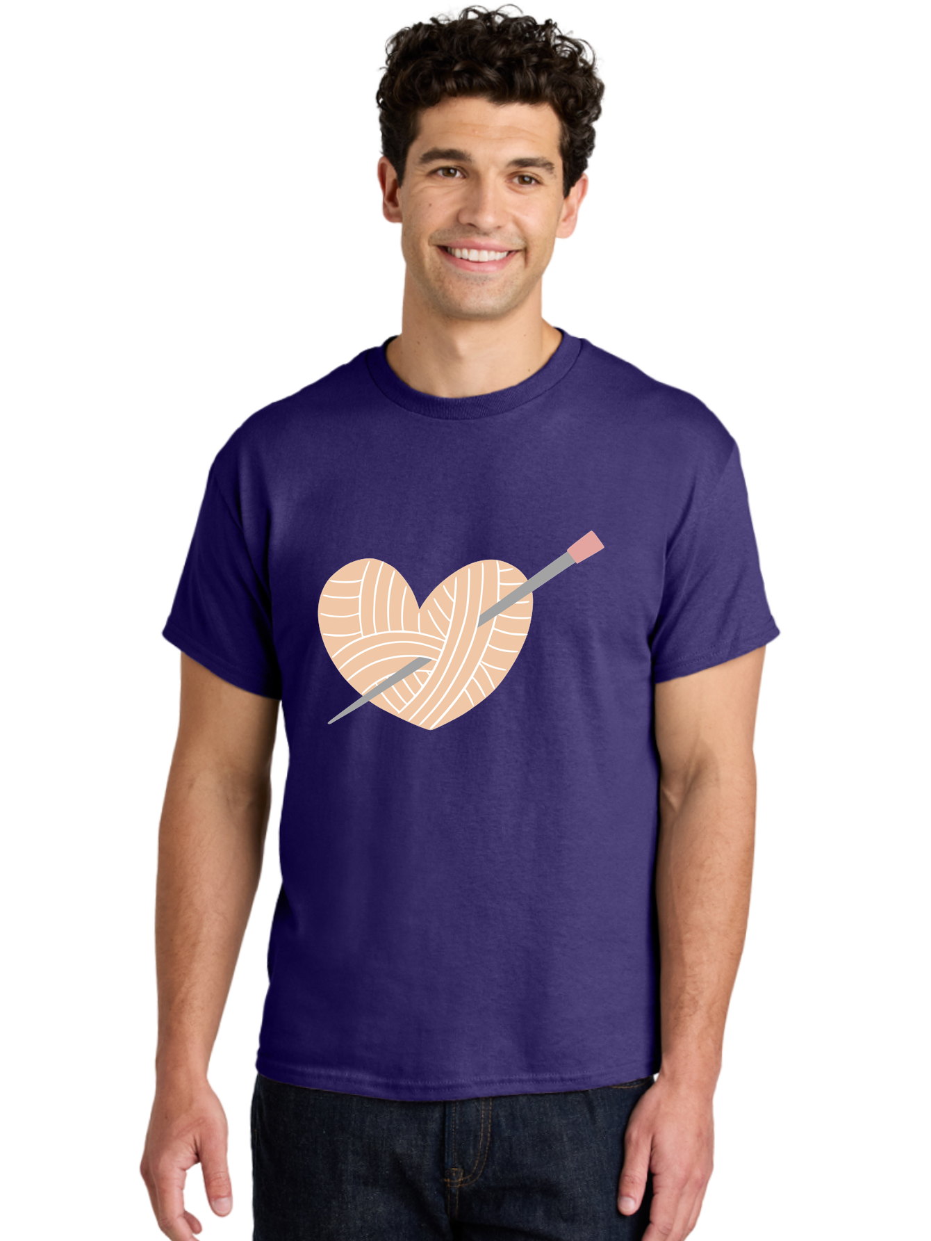Yarn-Heart-Knitting-Needles Men'S Graphic Tee, 100% Cotton, Comfortable Casual Summer Wear, Machine Washable, Heart Shaped Yarn, Knitting Needles, Crochet, Handmade, Pink Yarn, Crafting, Hobby, Fiber Art, Knitting, Diy Aac147