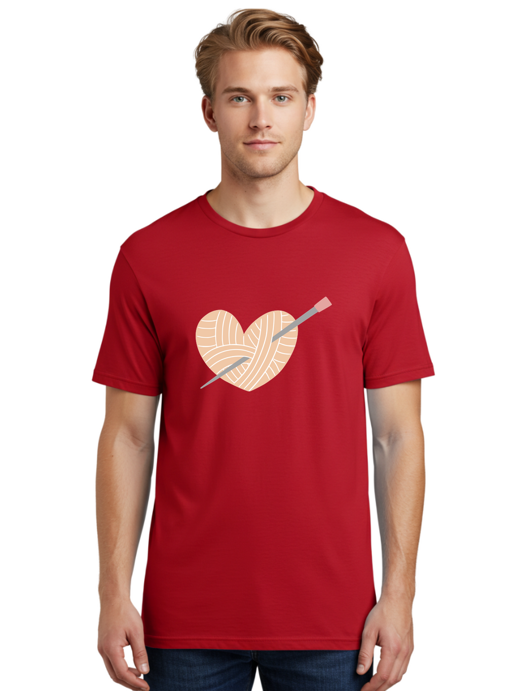 Yarn-Heart-Knitting-Needles Men'S Graphic Tee, 100% Cotton, Comfortable Casual Summer Wear, Machine Washable, Heart Shaped Yarn, Knitting Needles, Crochet, Handmade, Pink Yarn, Crafting, Hobby, Fiber Art, Knitting, Diy Aac147