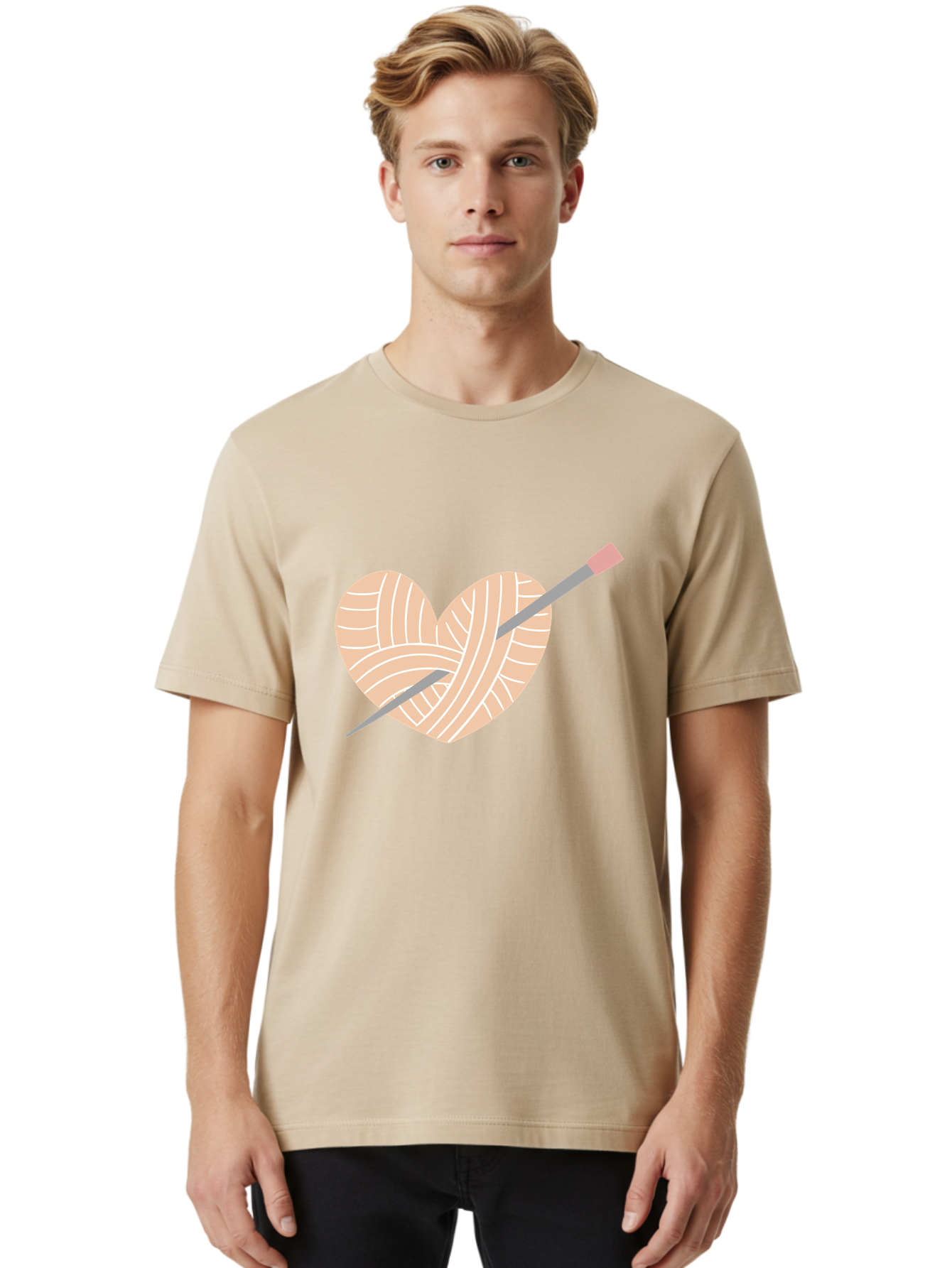 Yarn-Heart-Knitting-Needles Men'S Graphic Tee, 100% Cotton, Comfortable Casual Summer Wear, Machine Washable, Heart Shaped Yarn, Knitting Needles, Crochet, Handmade, Pink Yarn, Crafting, Hobby, Fiber Art, Knitting, Diy Aac147
