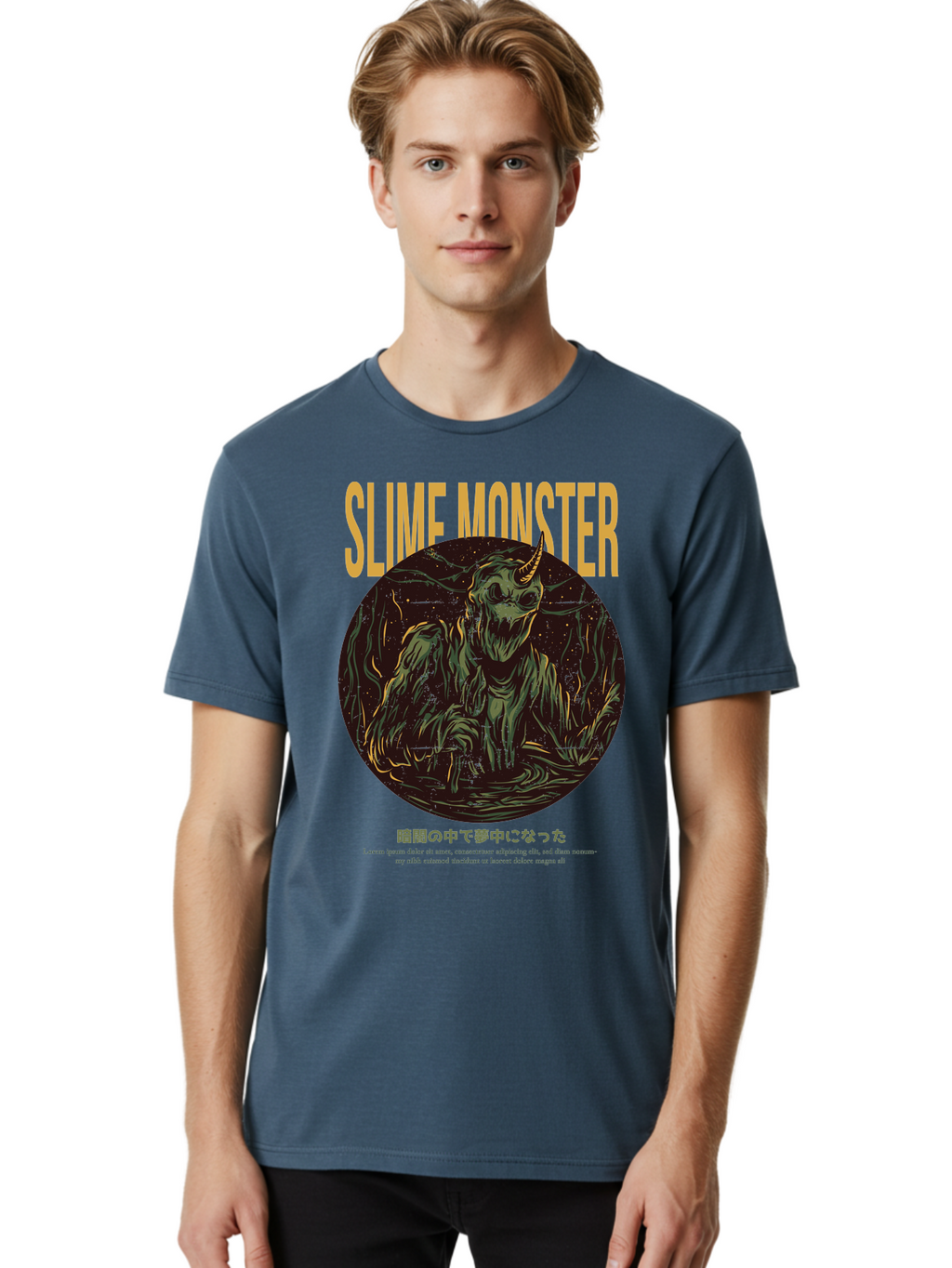 Slime-Monster Men'S Graphic Tee, 100% Cotton, Comfortable Casual Summer Wear, Machine Washable, Slime Monster, Fantasy Creature, Cartoon Illustration, Monster With Horn, Mysterious Being, Dark Forest, Eerie Atmosphere, Mystical Art, Aac175