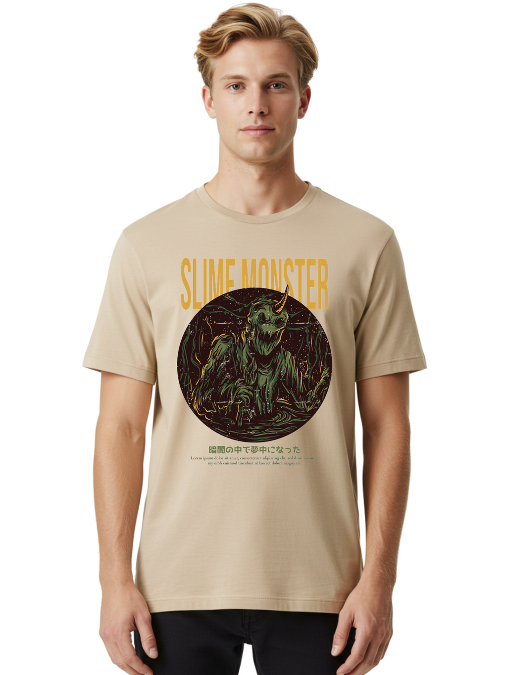 Slime-Monster Men'S Graphic Tee, 100% Cotton, Comfortable Casual Summer Wear, Machine Washable, Slime Monster, Fantasy Creature, Cartoon Illustration, Monster With Horn, Mysterious Being, Dark Forest, Eerie Atmosphere, Mystical Art, Aac175