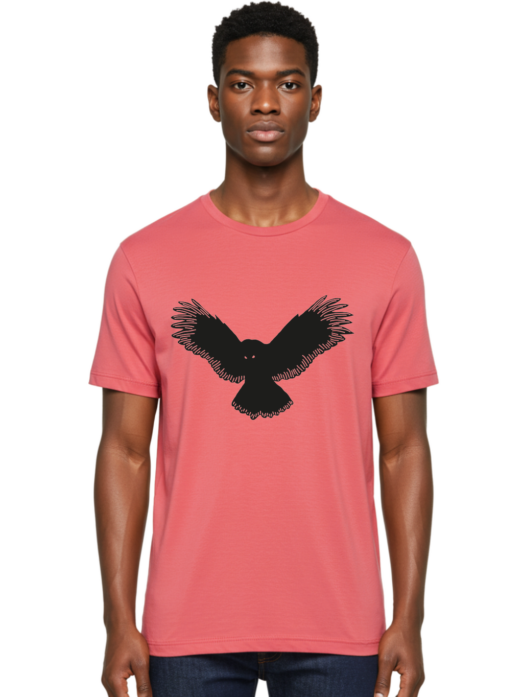 Black-Bird-Silhouette-With-Green-Eyes Men'S Graphic Tee, 100% Cotton, Comfortable Casual Summer Wear, Machine Washable, Bird In Flight, Black Silhouette, Feathers, Wings Spread, Owl-Like Features, Glowing Eyes, Dark Bird, Flight Motion, Aac187