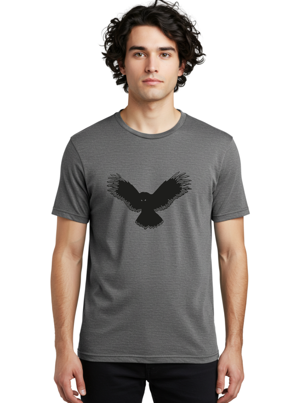 Black-Bird-Silhouette-With-Green-Eyes Men'S Graphic Tee, 100% Cotton, Comfortable Casual Summer Wear, Machine Washable, Bird In Flight, Black Silhouette, Feathers, Wings Spread, Owl-Like Features, Glowing Eyes, Dark Bird, Flight Motion, Aac187
