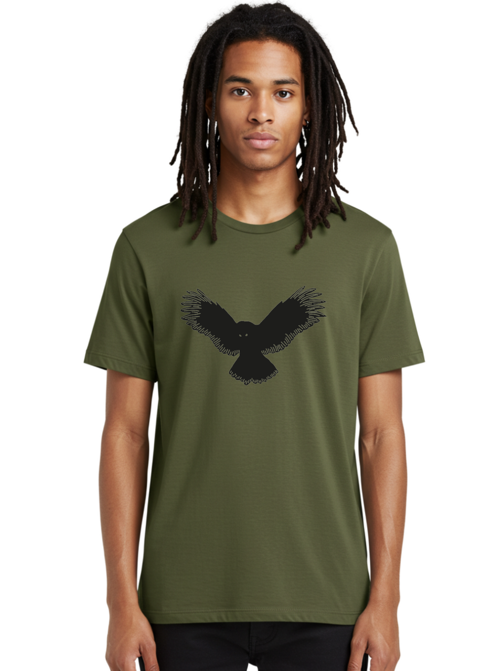 Black-Bird-Silhouette-With-Green-Eyes Men'S Graphic Tee, 100% Cotton, Comfortable Casual Summer Wear, Machine Washable, Bird In Flight, Black Silhouette, Feathers, Wings Spread, Owl-Like Features, Glowing Eyes, Dark Bird, Flight Motion, Aac187
