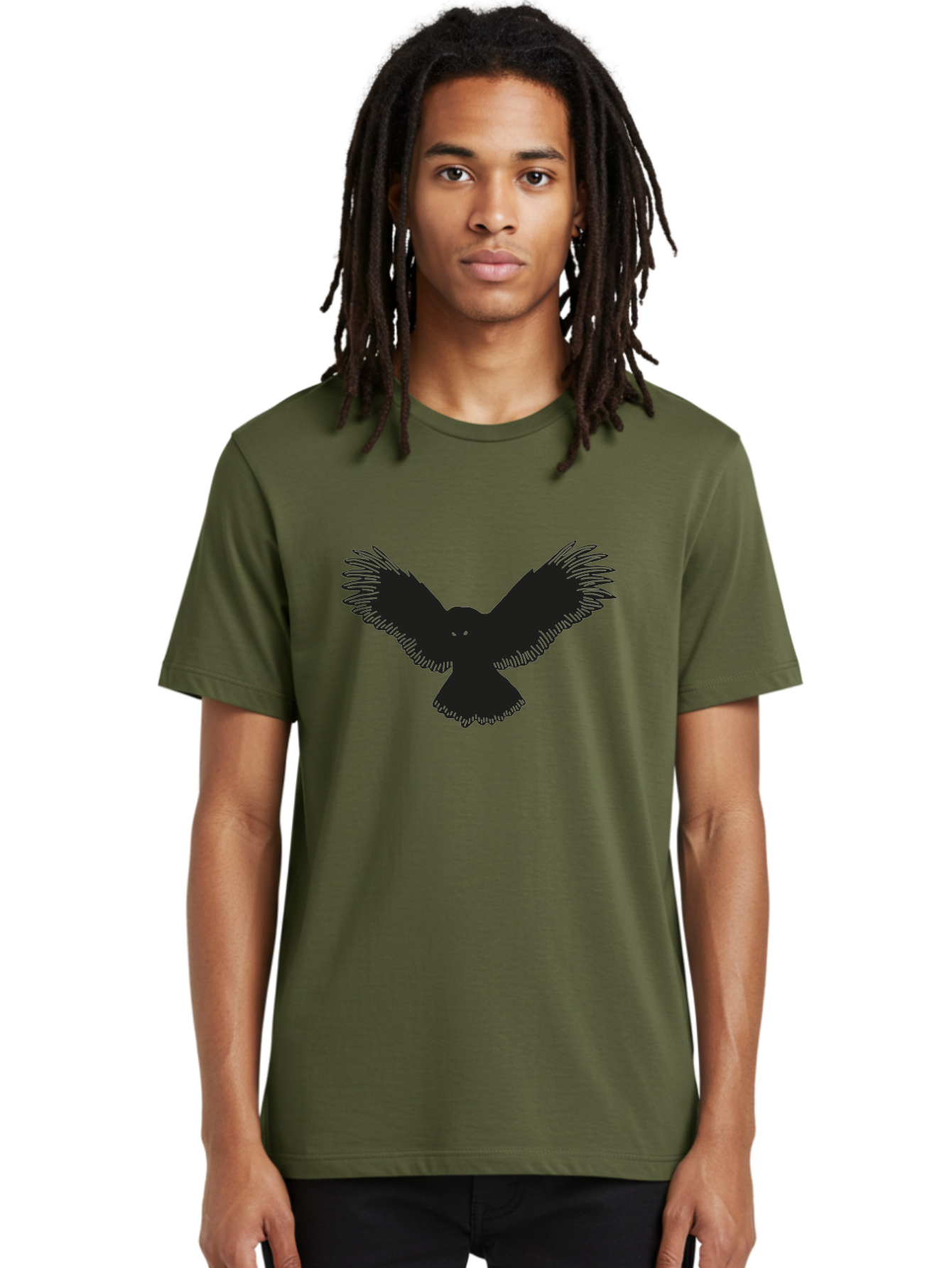 Black-Bird-Silhouette-With-Green-Eyes Men'S Graphic Tee, 100% Cotton, Comfortable Casual Summer Wear, Machine Washable, Bird In Flight, Black Silhouette, Feathers, Wings Spread, Owl-Like Features, Glowing Eyes, Dark Bird, Flight Motion, Aac187
