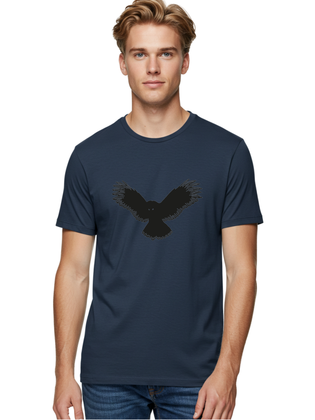 Black-Bird-Silhouette-With-Green-Eyes Men'S Graphic Tee, 100% Cotton, Comfortable Casual Summer Wear, Machine Washable, Bird In Flight, Black Silhouette, Feathers, Wings Spread, Owl-Like Features, Glowing Eyes, Dark Bird, Flight Motion, Aac187