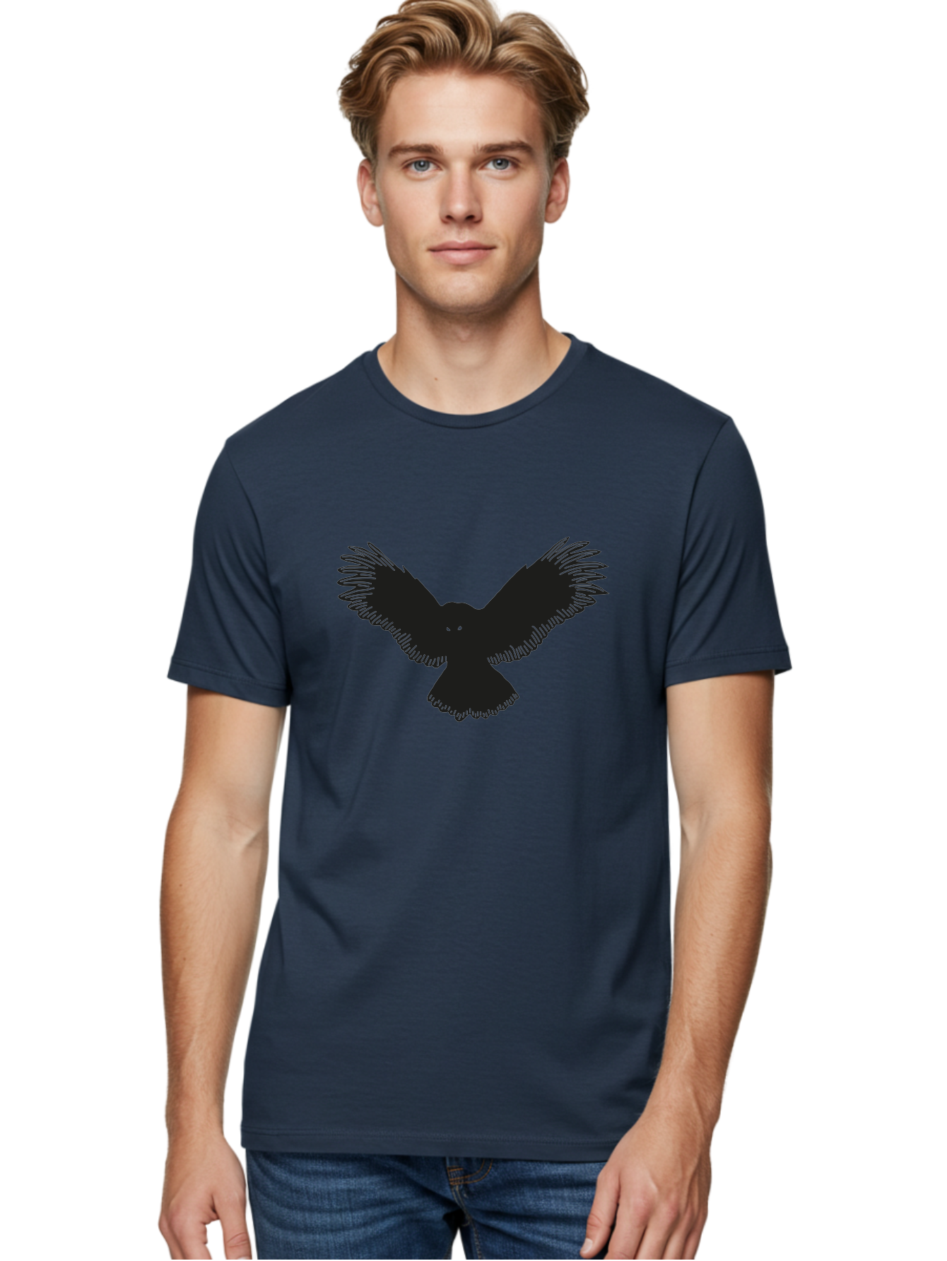 Black-Bird-Silhouette-With-Green-Eyes Men'S Graphic Tee, 100% Cotton, Comfortable Casual Summer Wear, Machine Washable, Bird In Flight, Black Silhouette, Feathers, Wings Spread, Owl-Like Features, Glowing Eyes, Dark Bird, Flight Motion, Aac187