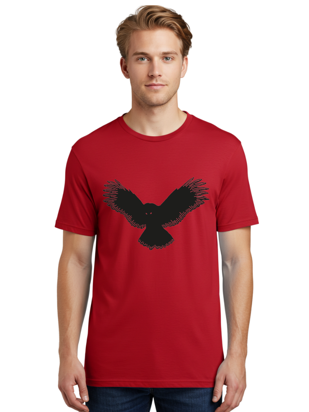 Black-Bird-Silhouette-With-Green-Eyes Men'S Graphic Tee, 100% Cotton, Comfortable Casual Summer Wear, Machine Washable, Bird In Flight, Black Silhouette, Feathers, Wings Spread, Owl-Like Features, Glowing Eyes, Dark Bird, Flight Motion, Aac187