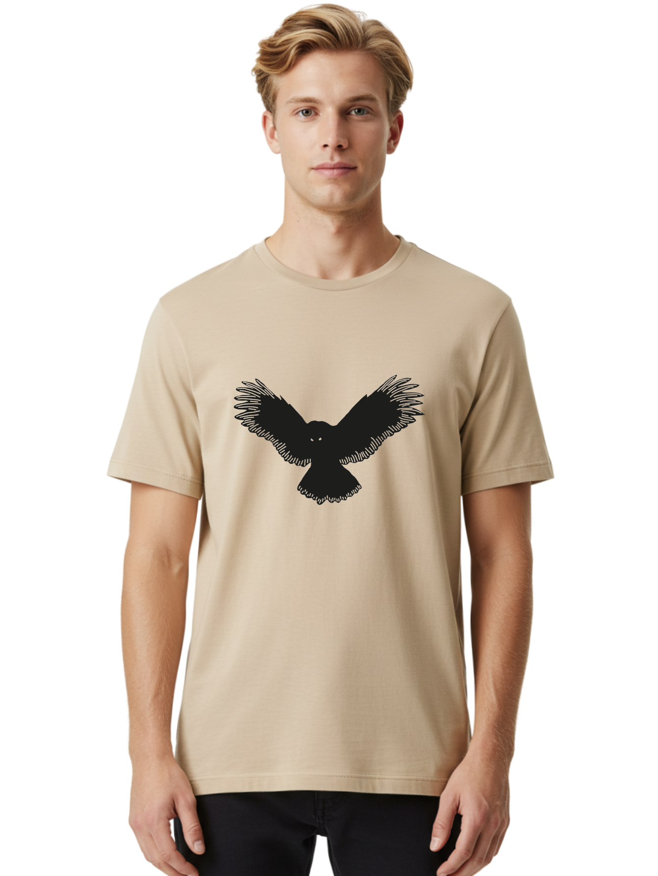 Black-Bird-Silhouette-With-Green-Eyes Men'S Graphic Tee, 100% Cotton, Comfortable Casual Summer Wear, Machine Washable, Bird In Flight, Black Silhouette, Feathers, Wings Spread, Owl-Like Features, Glowing Eyes, Dark Bird, Flight Motion, Aac187