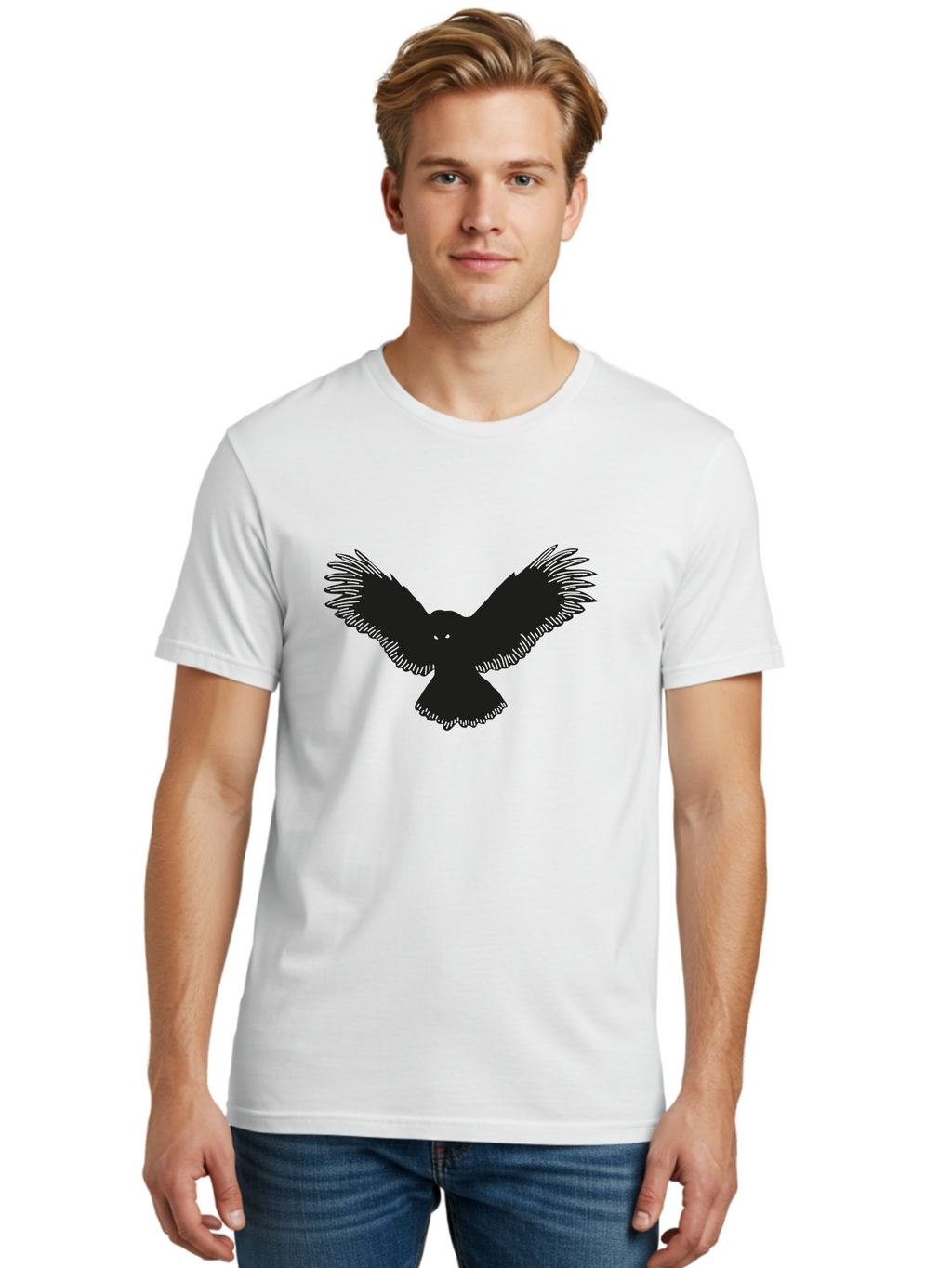 Black-Bird-Silhouette-With-Green-Eyes Men'S Graphic Tee, 100% Cotton, Comfortable Casual Summer Wear, Machine Washable, Bird In Flight, Black Silhouette, Feathers, Wings Spread, Owl-Like Features, Glowing Eyes, Dark Bird, Flight Motion, Aac187