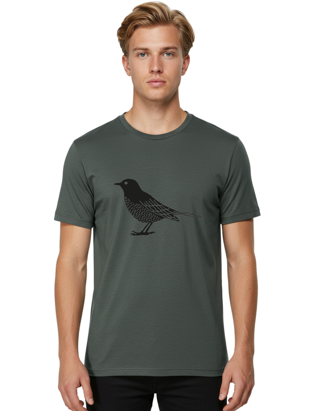 Black-Bird Men'S Graphic Tee, 100% Cotton, Comfortable Casual Summer Wear, Machine Washable, Black Bird, Bird Silhouette, Simple Art, Minimalist Design, Wildlife Illustration, Green Eye, Bird Watching, Nature Graphics Aac188