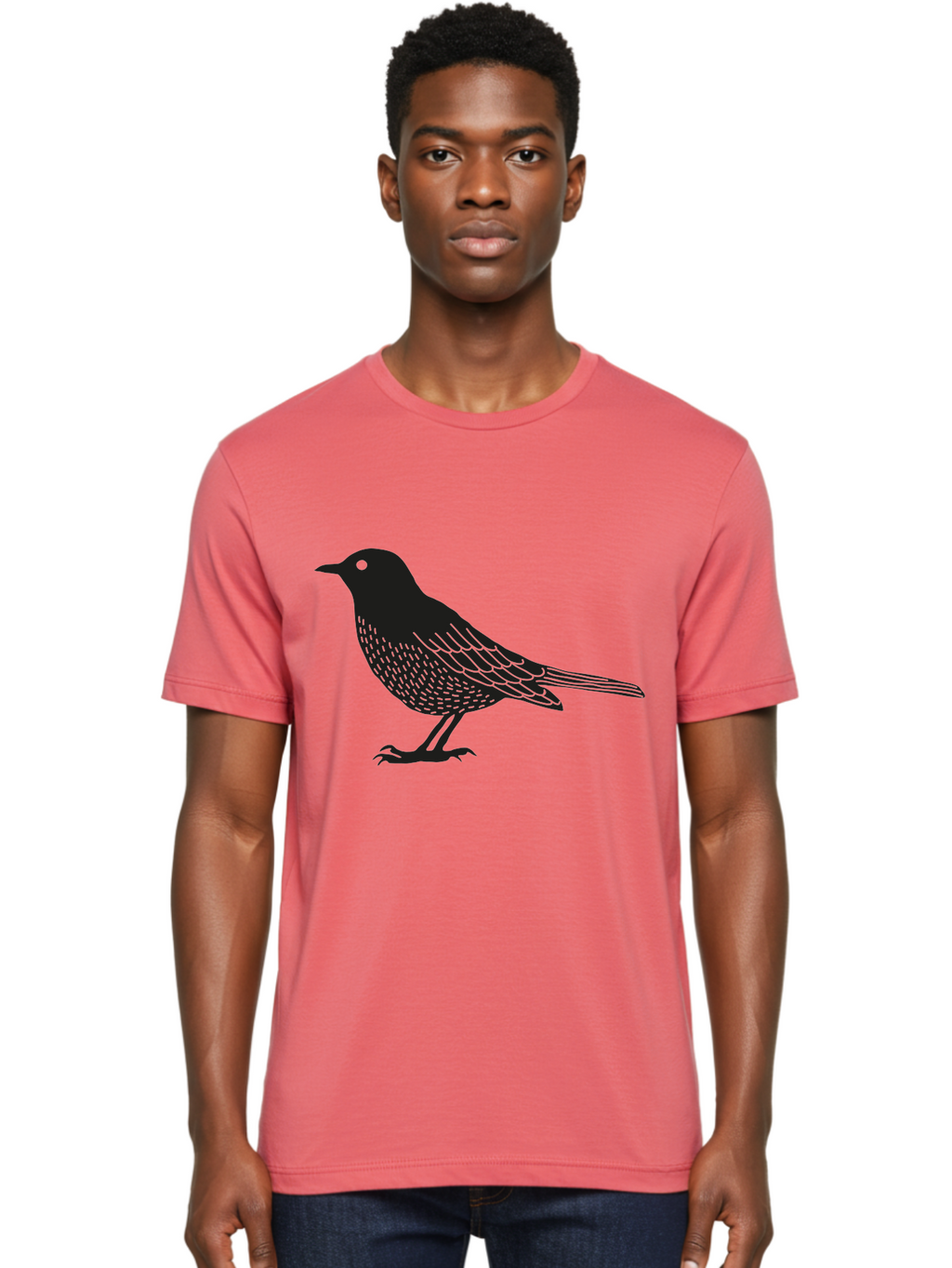 Black-Bird Men'S Graphic Tee, 100% Cotton, Comfortable Casual Summer Wear, Machine Washable, Black Bird, Bird Silhouette, Simple Art, Minimalist Design, Wildlife Illustration, Green Eye, Bird Watching, Nature Graphics Aac188
