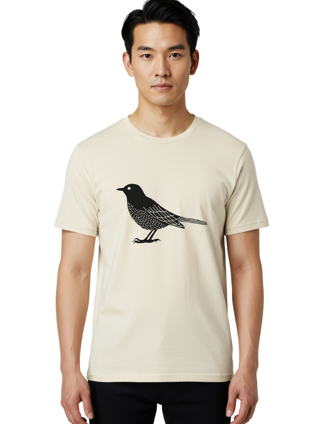 Black-Bird Men'S Graphic Tee, 100% Cotton, Comfortable Casual Summer Wear, Machine Washable, Black Bird, Bird Silhouette, Simple Art, Minimalist Design, Wildlife Illustration, Green Eye, Bird Watching, Nature Graphics Aac188