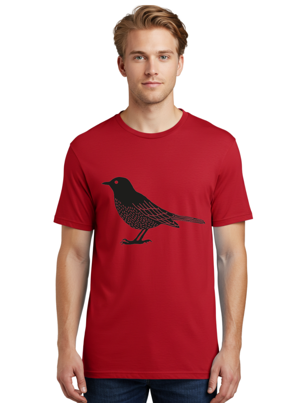Black-Bird Men'S Graphic Tee, 100% Cotton, Comfortable Casual Summer Wear, Machine Washable, Black Bird, Bird Silhouette, Simple Art, Minimalist Design, Wildlife Illustration, Green Eye, Bird Watching, Nature Graphics Aac188