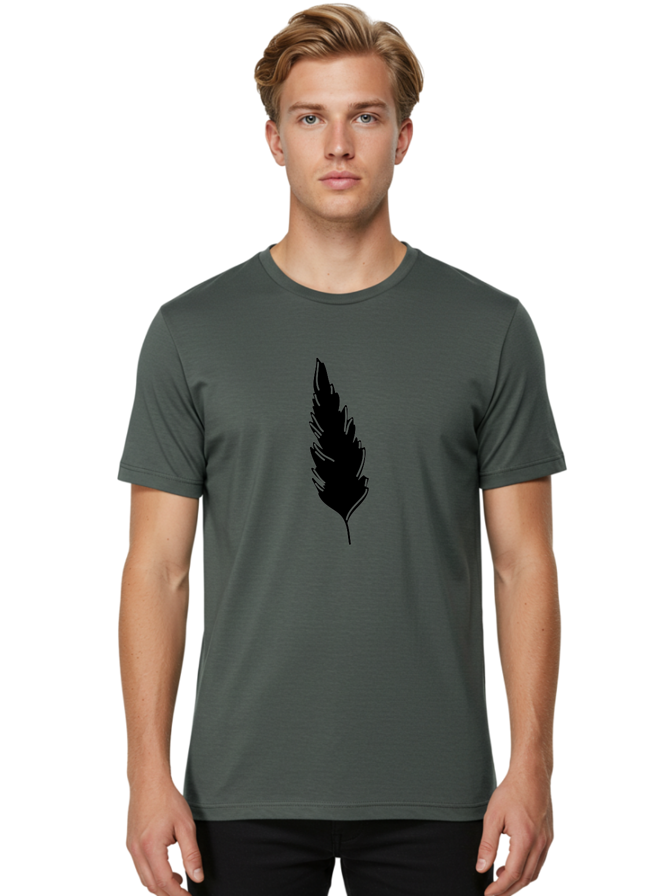 Black-Feather Men'S Graphic Tee, 100% Cotton, Comfortable Casual Summer Wear, Machine Washable, Feather Silhouette, Winged Icon, Simple Design, Minimalist Art, Feather Graphic, Black Silhouette Aac189