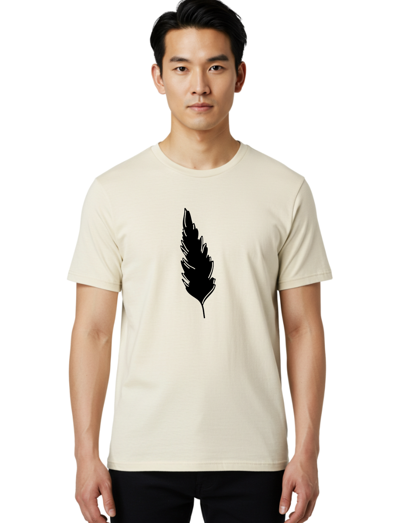 Black-Feather Men'S Graphic Tee, 100% Cotton, Comfortable Casual Summer Wear, Machine Washable, Feather Silhouette, Winged Icon, Simple Design, Minimalist Art, Feather Graphic, Black Silhouette Aac189