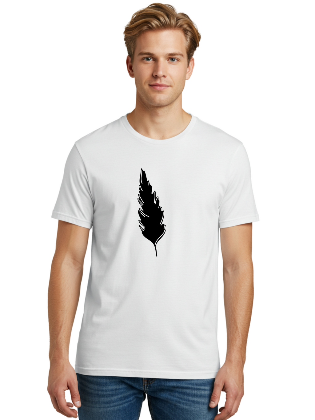 Black-Feather Men'S Graphic Tee, 100% Cotton, Comfortable Casual Summer Wear, Machine Washable, Feather Silhouette, Winged Icon, Simple Design, Minimalist Art, Feather Graphic, Black Silhouette Aac189