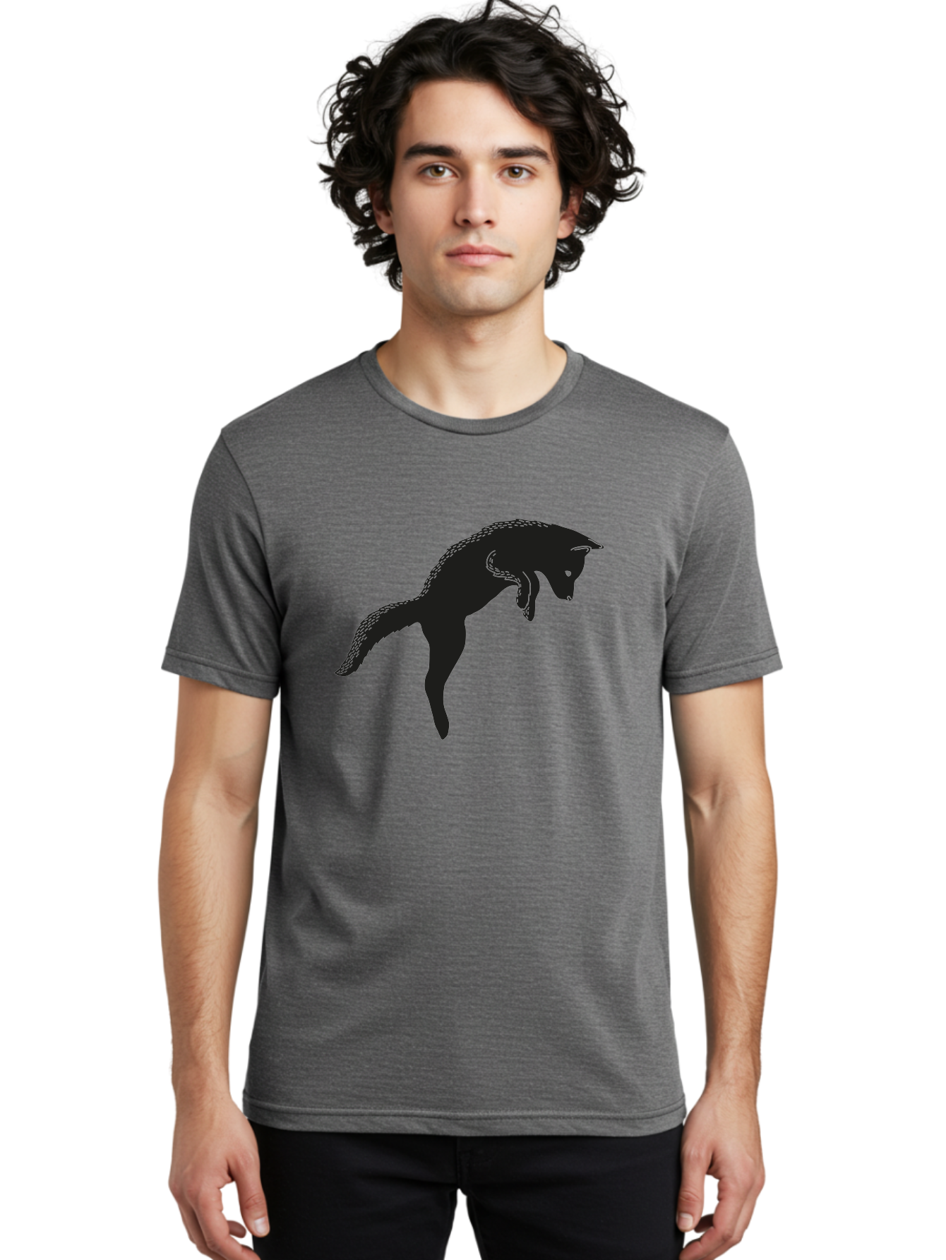 Black-Fox-Silhouette Men'S Graphic Tee, 100% Cotton, Comfortable Casual Summer Wear, Machine Washable, Squirrel Silhouette, Animal Graphic, Wildlife Illustration, Forest Creature, Cute Animal, Jumping Squirrel, Nut Love, Tree Dweller, Aac190