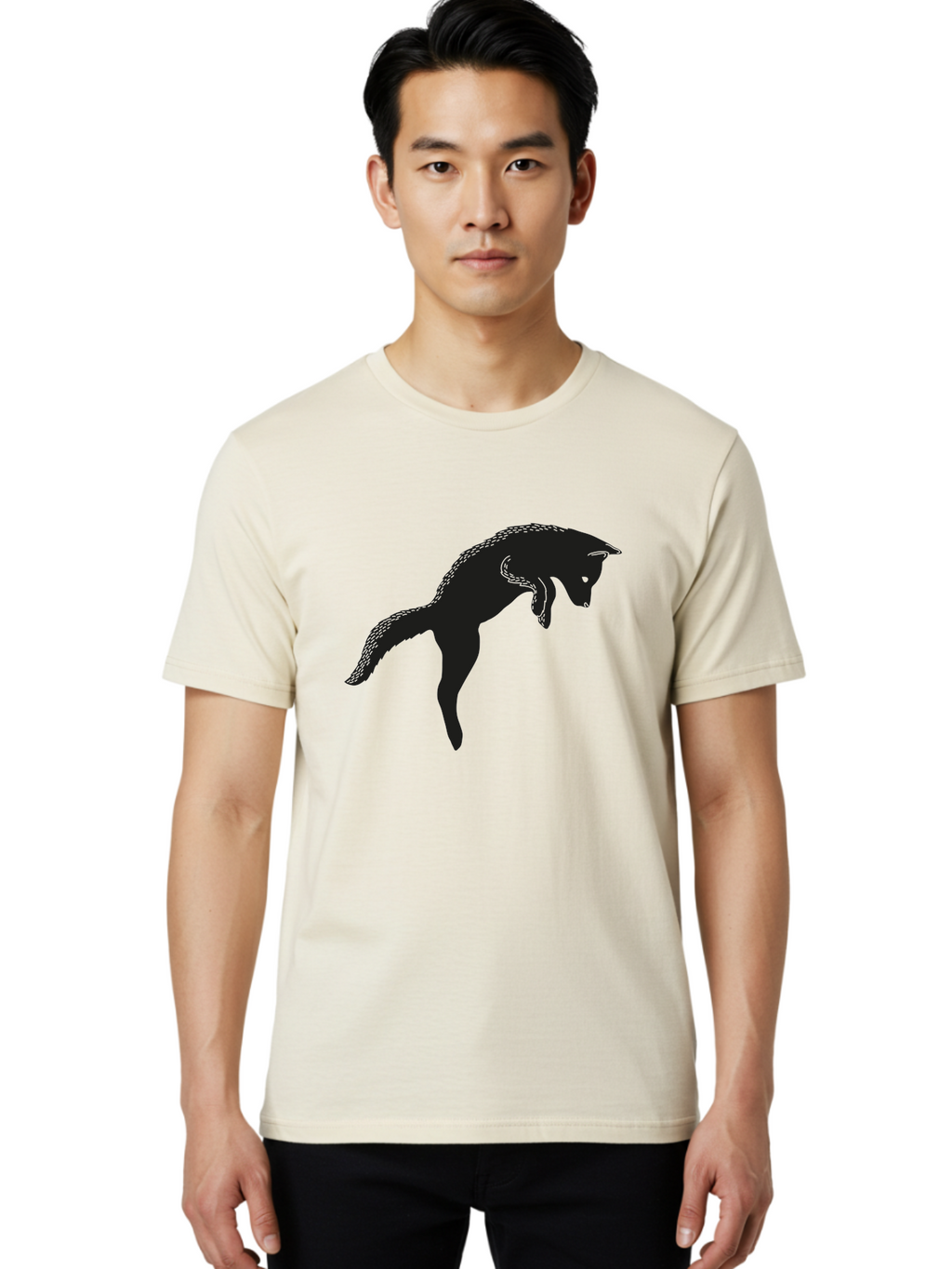 Black-Fox-Silhouette Men'S Graphic Tee, 100% Cotton, Comfortable Casual Summer Wear, Machine Washable, Squirrel Silhouette, Animal Graphic, Wildlife Illustration, Forest Creature, Cute Animal, Jumping Squirrel, Nut Love, Tree Dweller, Aac190