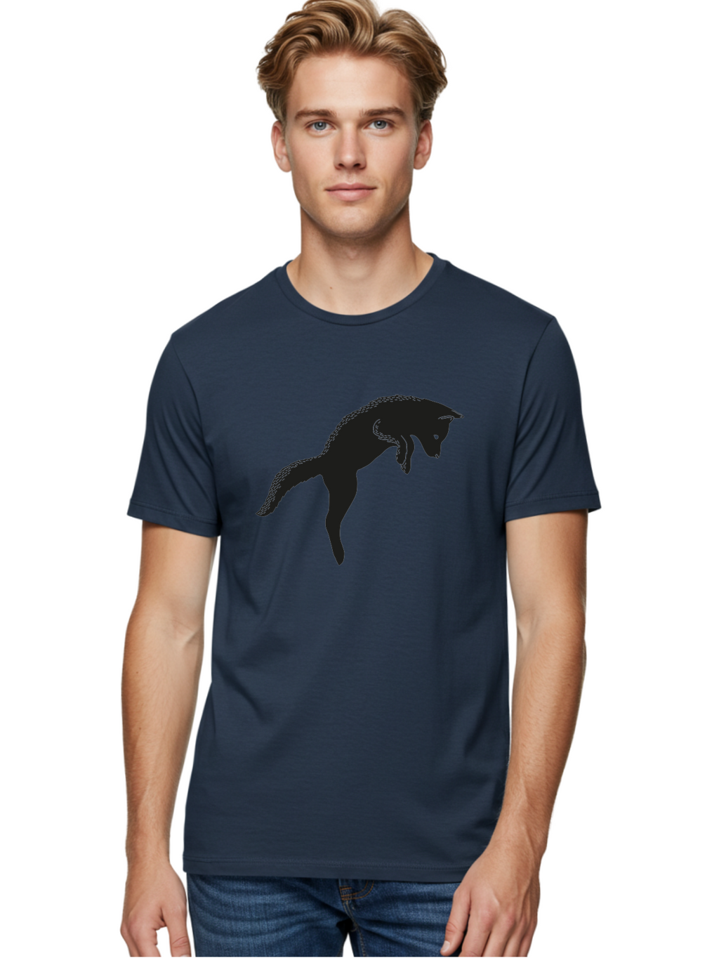 Black-Fox-Silhouette Men'S Graphic Tee, 100% Cotton, Comfortable Casual Summer Wear, Machine Washable, Squirrel Silhouette, Animal Graphic, Wildlife Illustration, Forest Creature, Cute Animal, Jumping Squirrel, Nut Love, Tree Dweller, Aac190