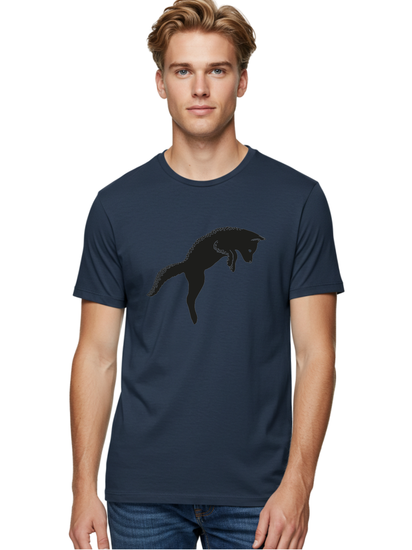 Black-Fox-Silhouette Men'S Graphic Tee, 100% Cotton, Comfortable Casual Summer Wear, Machine Washable, Squirrel Silhouette, Animal Graphic, Wildlife Illustration, Forest Creature, Cute Animal, Jumping Squirrel, Nut Love, Tree Dweller, Aac190