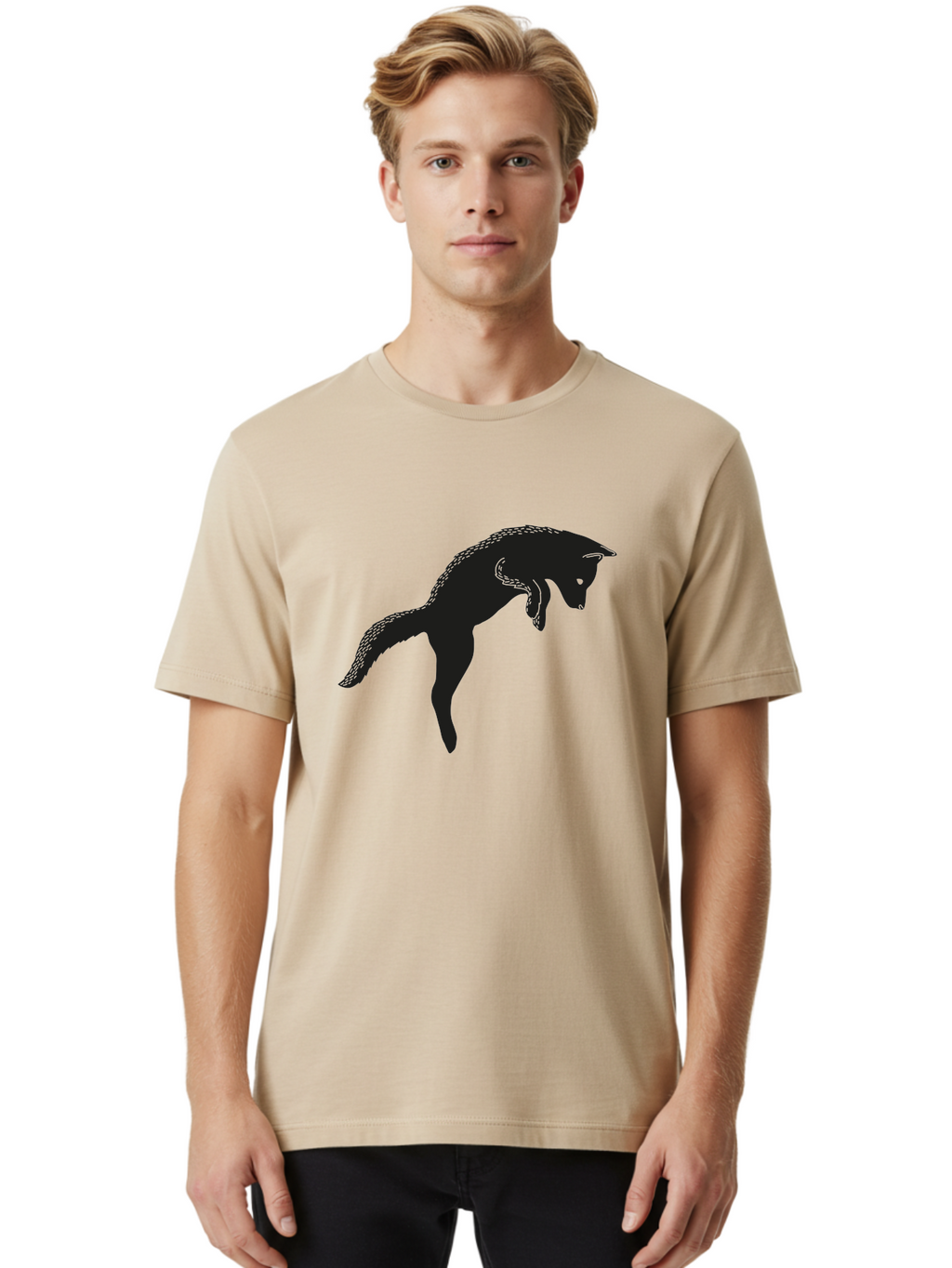 Black-Fox-Silhouette Men'S Graphic Tee, 100% Cotton, Comfortable Casual Summer Wear, Machine Washable, Squirrel Silhouette, Animal Graphic, Wildlife Illustration, Forest Creature, Cute Animal, Jumping Squirrel, Nut Love, Tree Dweller, Aac190