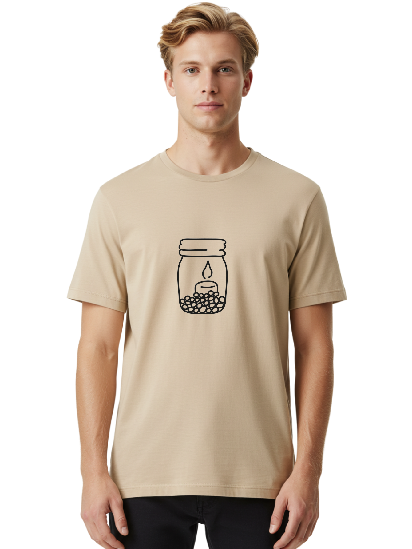 Candle-In-A-Mason-Jar Men'S Graphic Tee, 100% Cotton, Comfortable Casual Summer Wear, Machine Washable, Candle In A Jar, Jar With Candle, Lit Candle, Decorative Jar, Home Decor, Candlelight, Peaceful Ambiance, Minimalist Design, Aac196