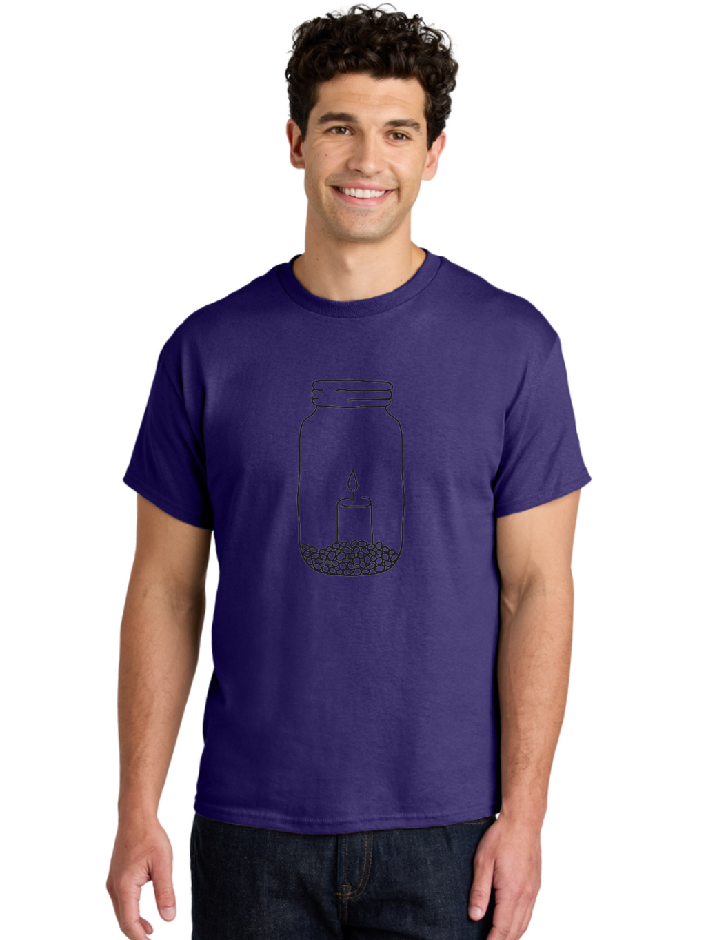 Candle-In-Jar-1 Men'S Graphic Tee, 100% Cotton, Comfortable Casual Summer Wear, Machine Washable, Candle In A Jar, Lit Candle, Pebbles, Simple Line Art, Minimalist Design, Meditation Symbol, Peaceful Ambiance, Zen Decor Aac197