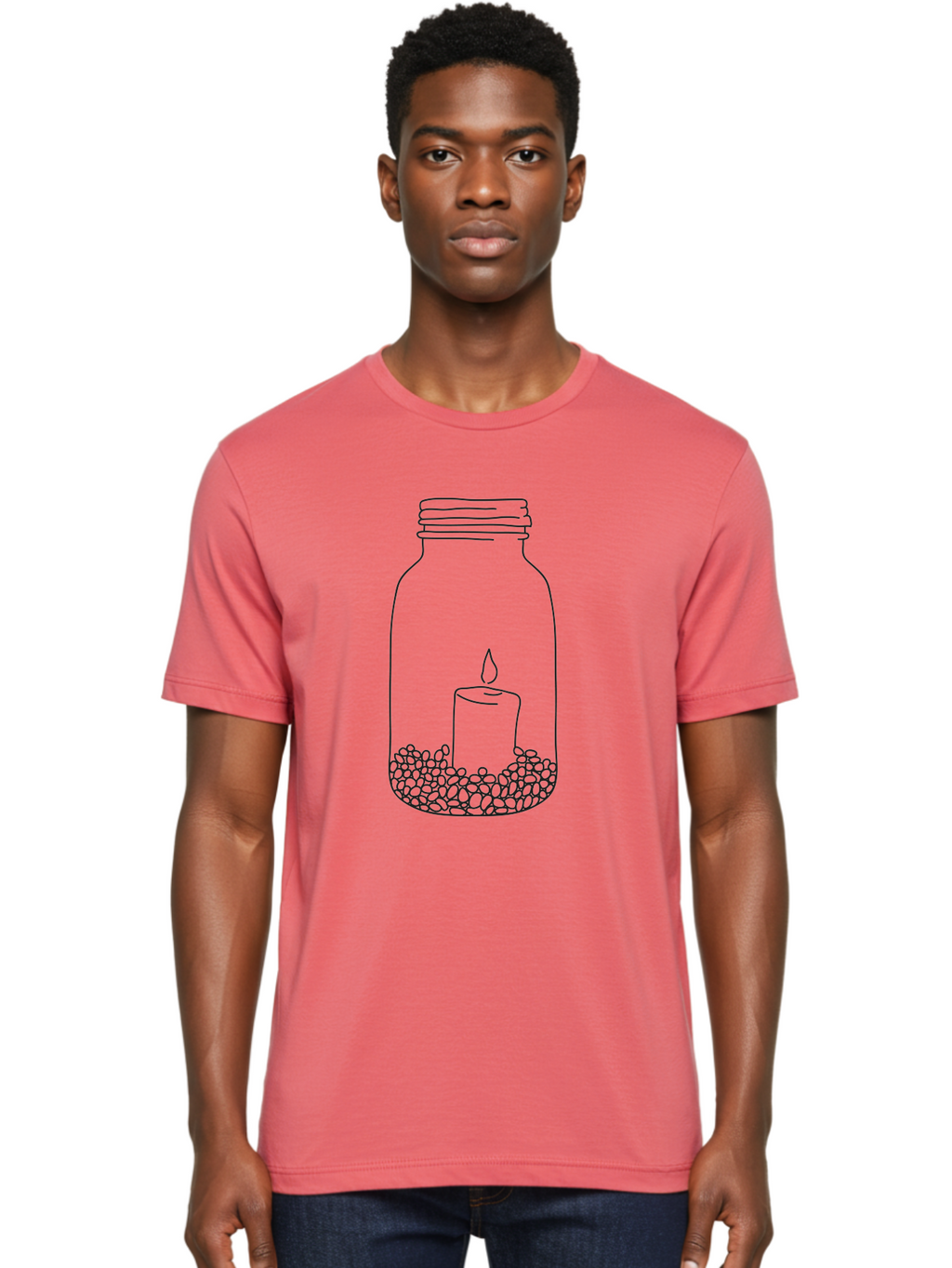 Candle-In-Mason-Jar Men'S Graphic Tee, 100% Cotton, Comfortable Casual Summer Wear, Machine Washable, Candle In A Jar, Lit Candle, Decorative Jar, Zen Decor, Peaceful Ambiance, Ambient Lighting, Minimalist Design, Meditation Space, Aac199