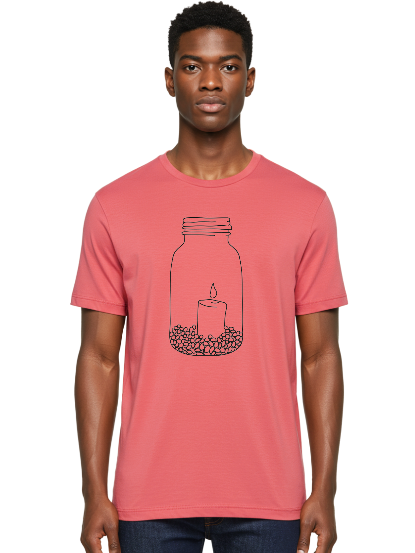 Candle-In-Mason-Jar Men'S Graphic Tee, 100% Cotton, Comfortable Casual Summer Wear, Machine Washable, Candle In A Jar, Lit Candle, Decorative Jar, Zen Decor, Peaceful Ambiance, Ambient Lighting, Minimalist Design, Meditation Space, Aac199