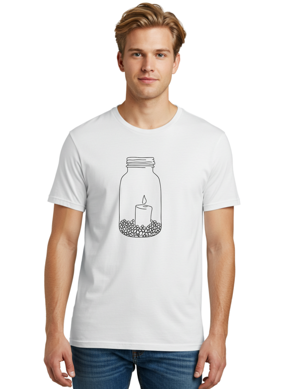 Candle-In-Mason-Jar Men'S Graphic Tee, 100% Cotton, Comfortable Casual Summer Wear, Machine Washable, Candle In A Jar, Lit Candle, Decorative Jar, Zen Decor, Peaceful Ambiance, Ambient Lighting, Minimalist Design, Meditation Space, Aac199