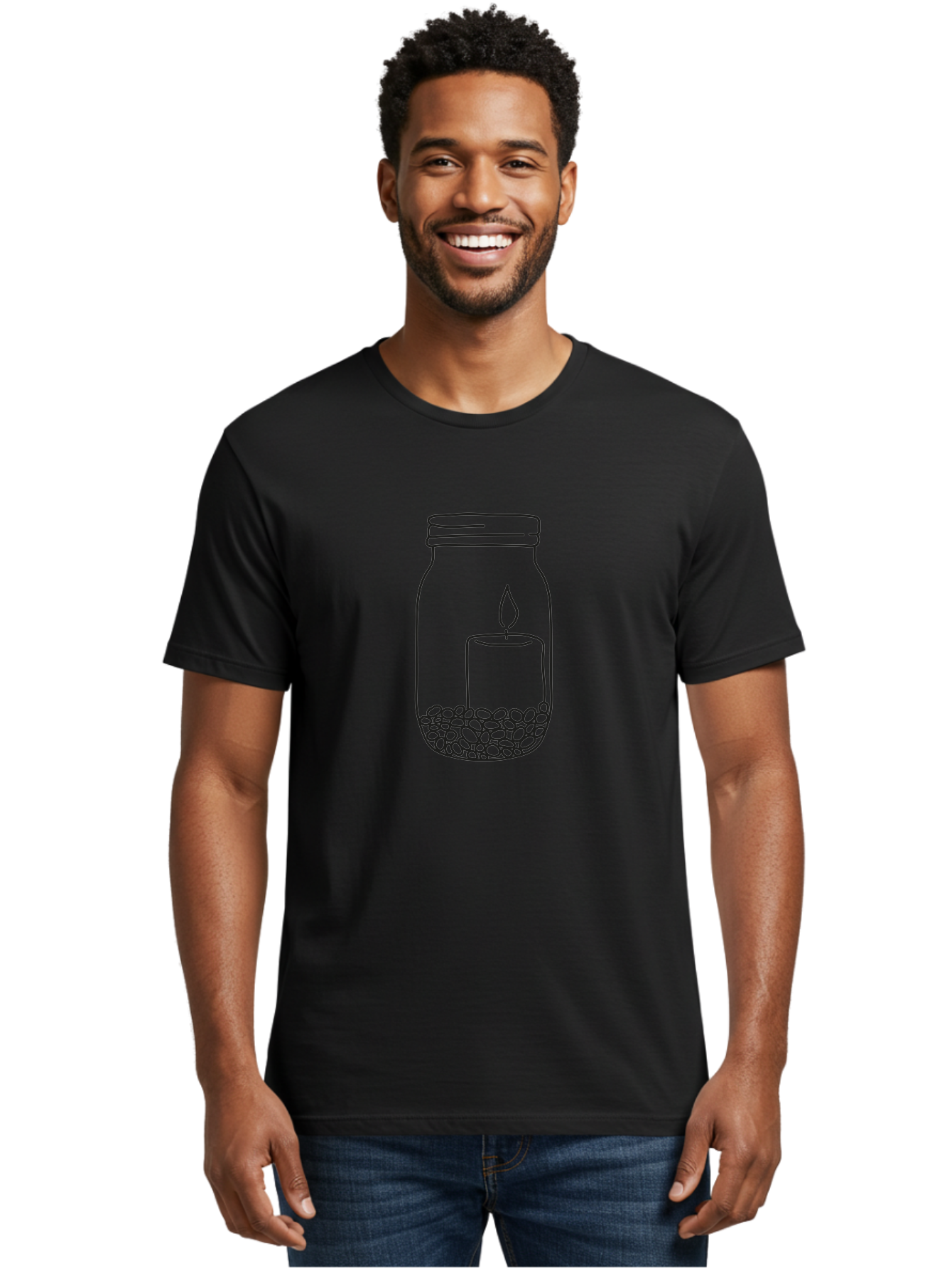 Candle-Jar Men'S Graphic Tee, 100% Cotton, Comfortable Casual Summer Wear, Machine Washable, Candle In A Jar, Lit Candle, Centerpiece, Stones At The Bottom, Relaxation, Meditation, Calming Ambiance, Peaceful Home Decor Aac200