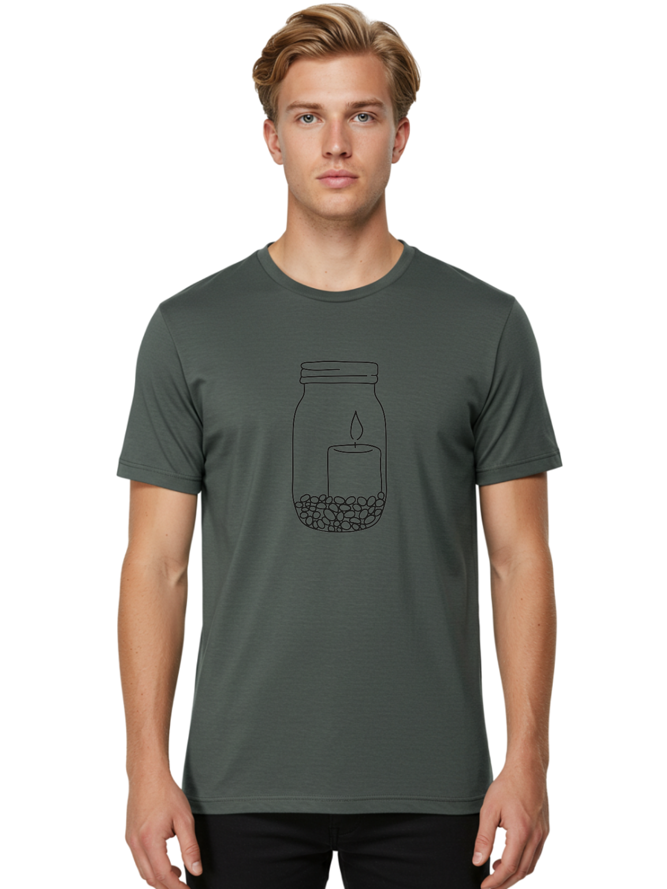 Candle-Jar Men'S Graphic Tee, 100% Cotton, Comfortable Casual Summer Wear, Machine Washable, Candle In A Jar, Lit Candle, Centerpiece, Stones At The Bottom, Relaxation, Meditation, Calming Ambiance, Peaceful Home Decor Aac200